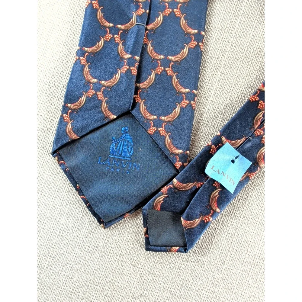 Lanvin Paris 100% Silk Necktie Blue Bird Floral Geometric Designer Tie